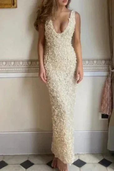 3d rose appliqus Maxi Dress in beige