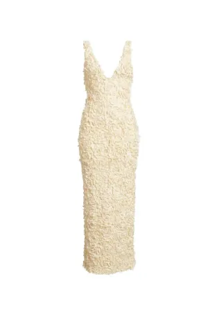 3d rose appliqus Maxi Dress in beige