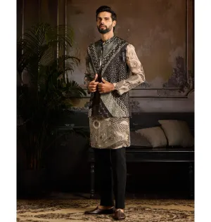 Black Printed Bundy & Biege With Black Printed Kurta Paired With Black Pants