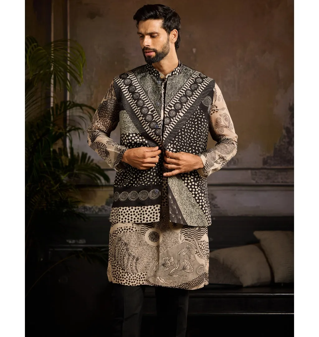 Black Printed Bundy & Biege With Black Printed Kurta Paired With Black Pants