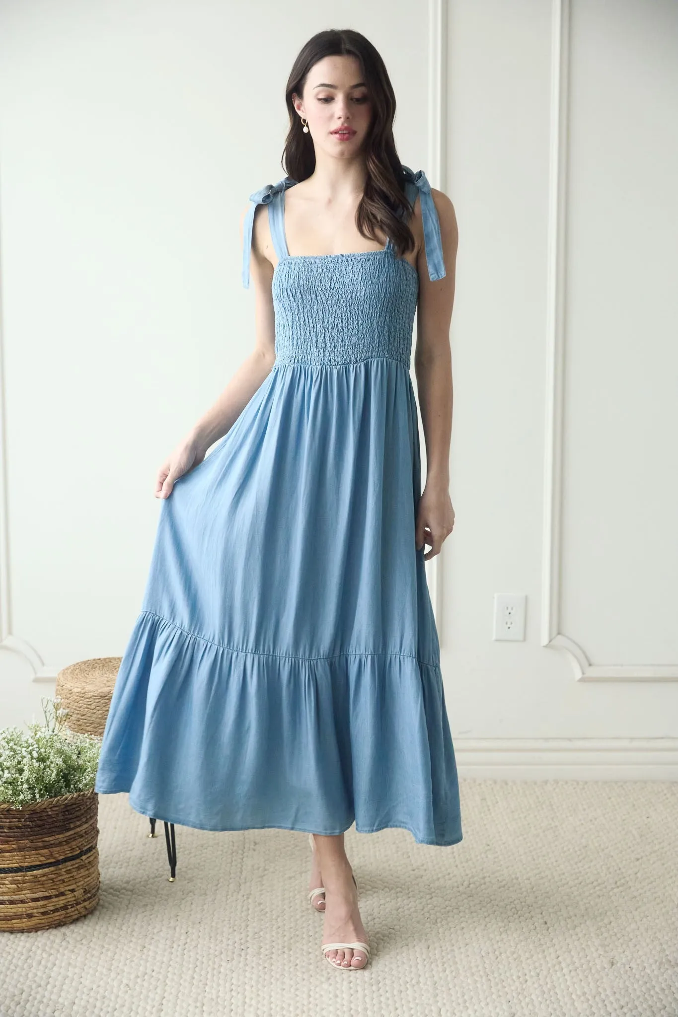 Chambray Smocked Maxi Dress