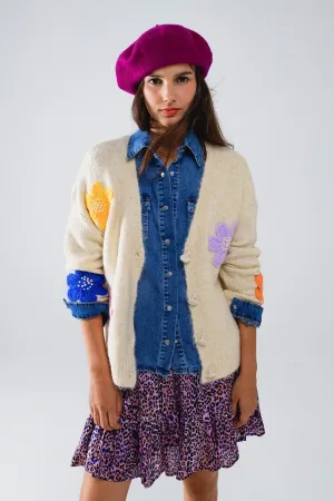 Cream Cardigan With Embroidered Flowers