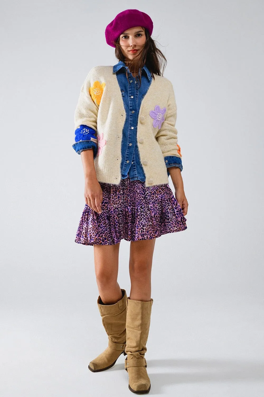 Cream Cardigan With Embroidered Flowers