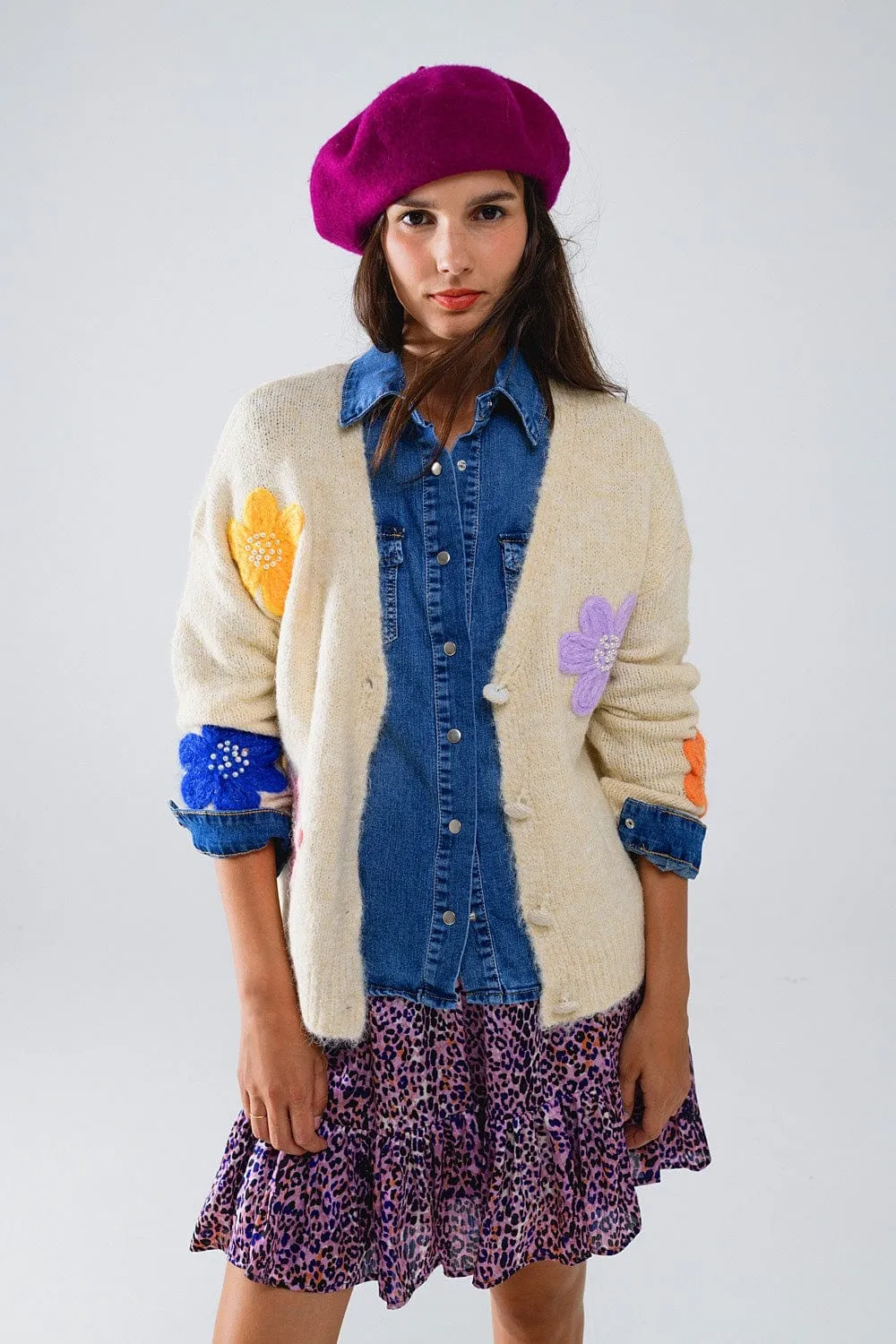 Cream Cardigan With Embroidered Flowers