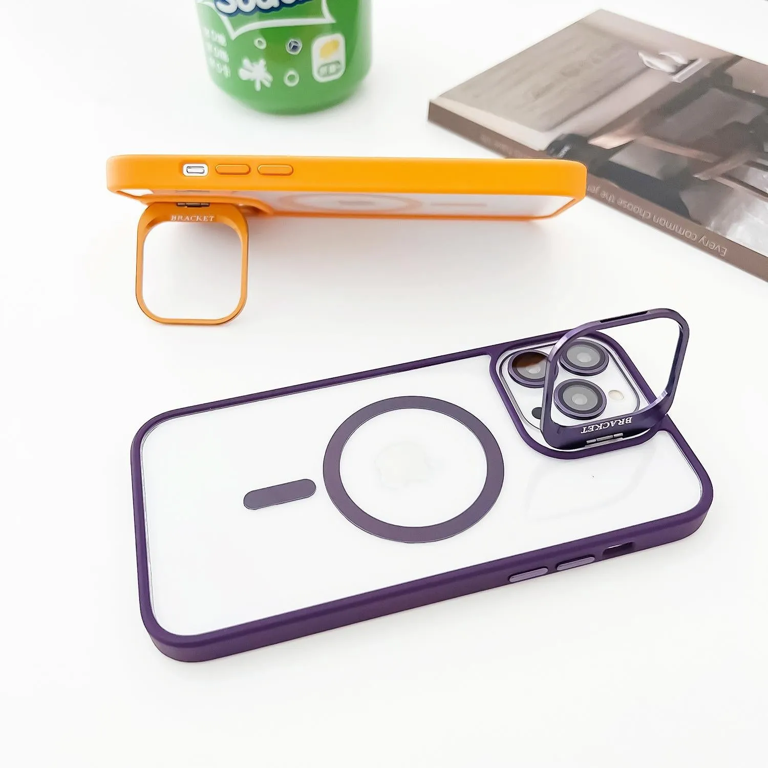 For Iphone 15 Magsafe Acrylic Hybrid Tpu Holder Phone Case With Lens Film