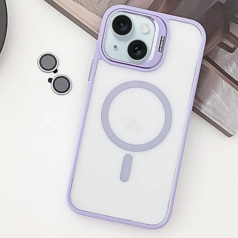 For Iphone 15 Magsafe Acrylic Hybrid Tpu Holder Phone Case With Lens Film