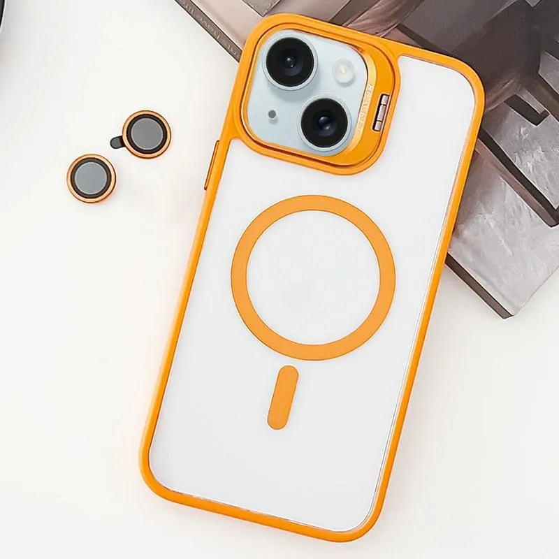 For Iphone 15 Magsafe Acrylic Hybrid Tpu Holder Phone Case With Lens Film