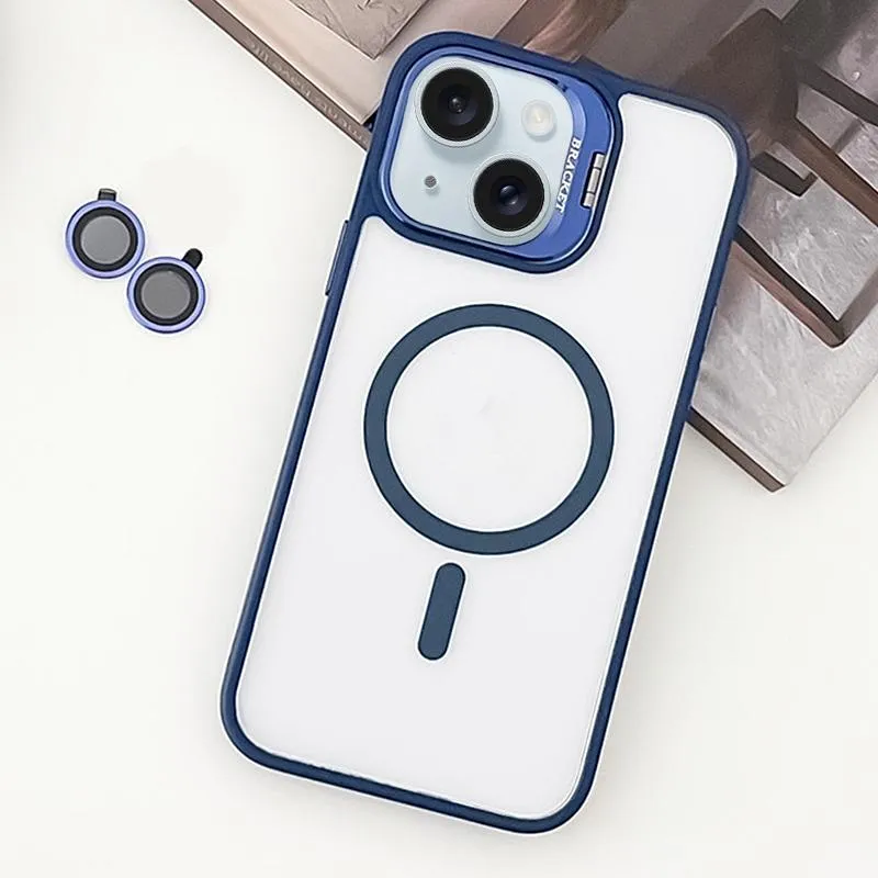 For Iphone 15 Magsafe Acrylic Hybrid Tpu Holder Phone Case With Lens Film