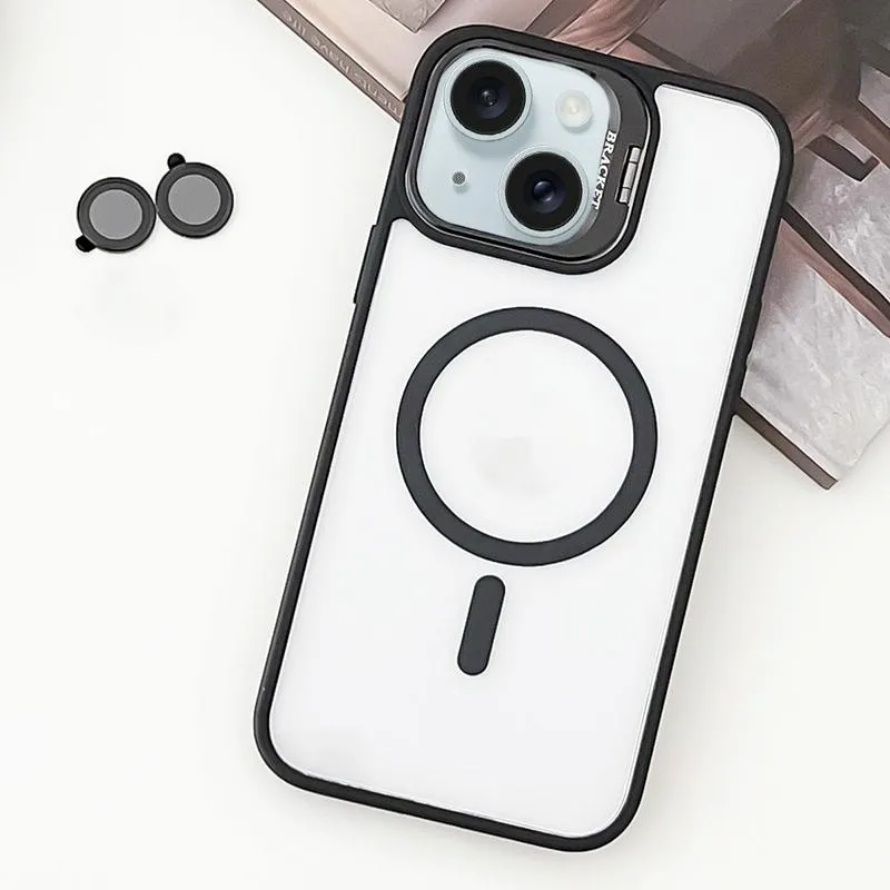 For Iphone 15 Magsafe Acrylic Hybrid Tpu Holder Phone Case With Lens Film