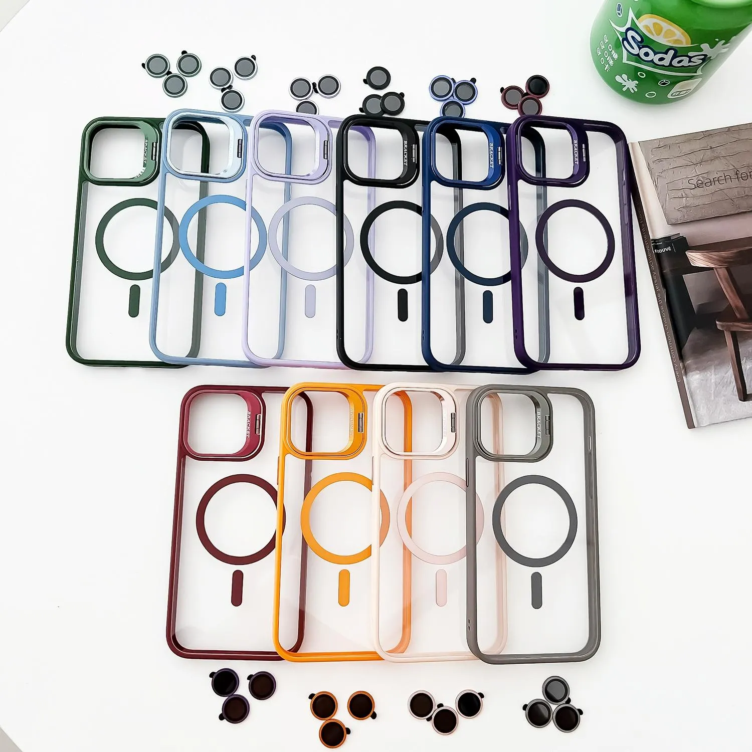 For Iphone 15 Magsafe Acrylic Hybrid Tpu Holder Phone Case With Lens Film