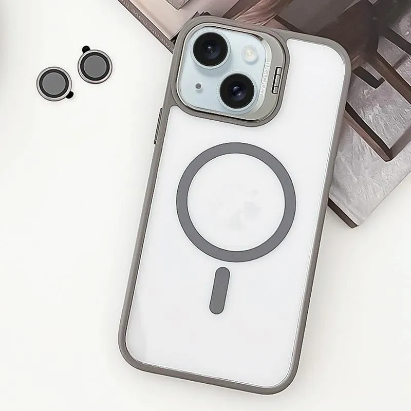 For Iphone 15 Magsafe Acrylic Hybrid Tpu Holder Phone Case With Lens Film