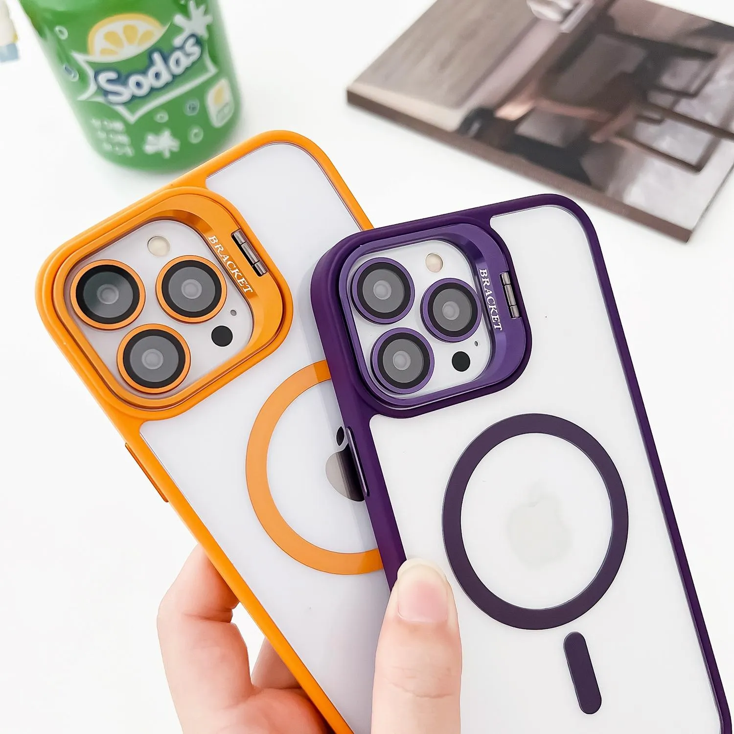 For Iphone 15 Magsafe Acrylic Hybrid Tpu Holder Phone Case With Lens Film