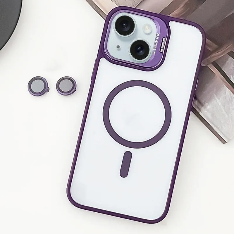 For Iphone 15 Magsafe Acrylic Hybrid Tpu Holder Phone Case With Lens Film