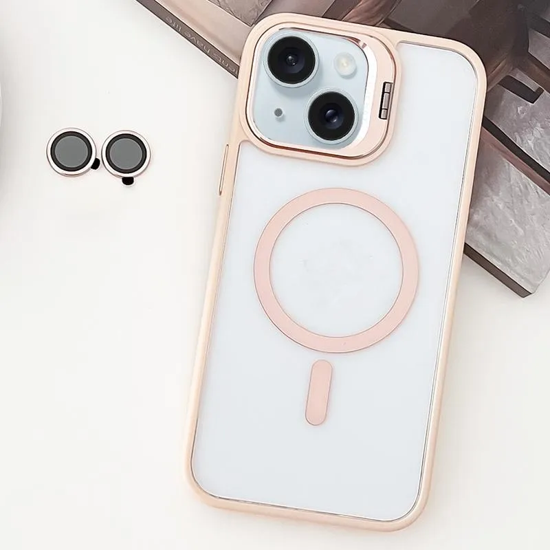 For Iphone 15 Magsafe Acrylic Hybrid Tpu Holder Phone Case With Lens Film