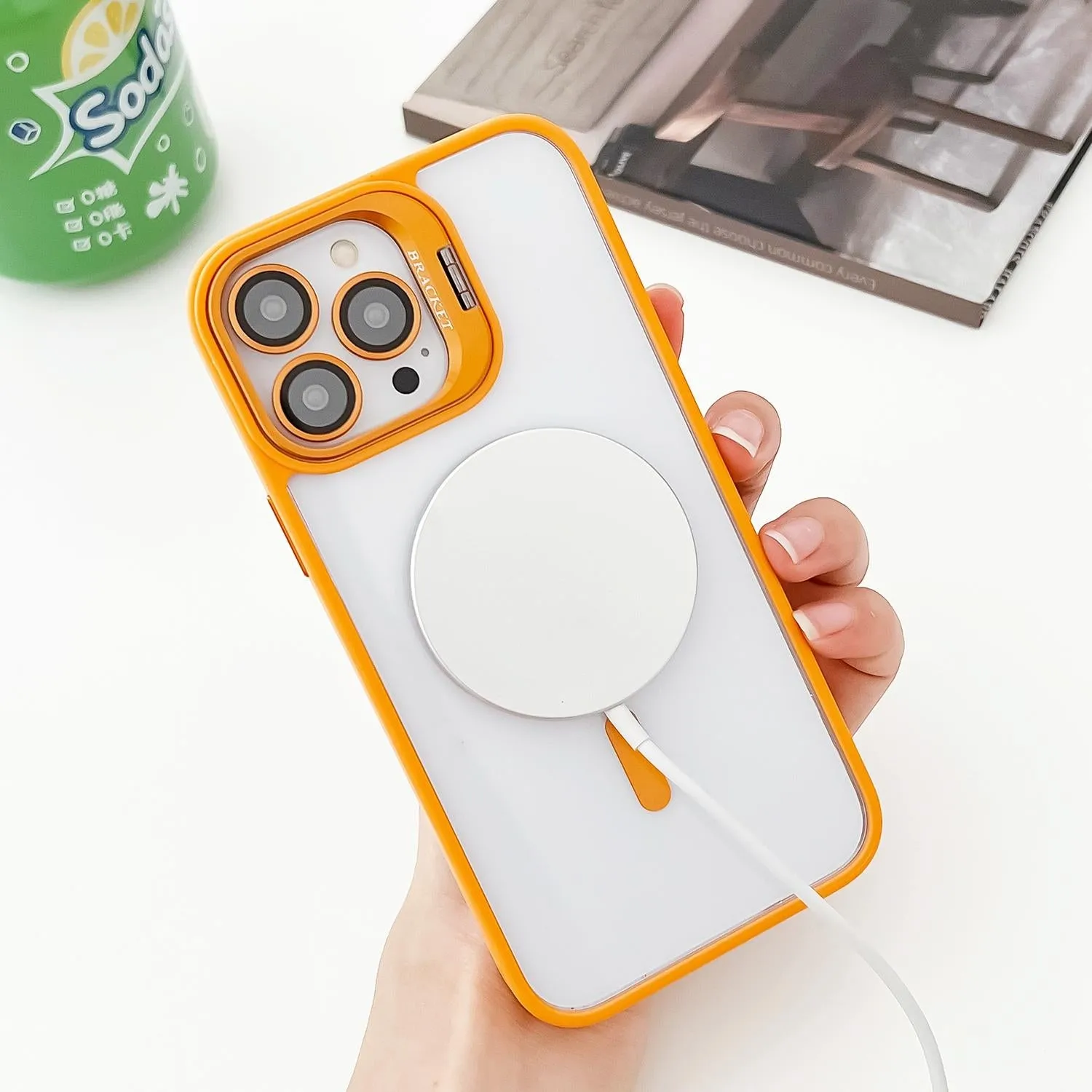 For Iphone 15 Magsafe Acrylic Hybrid Tpu Holder Phone Case With Lens Film