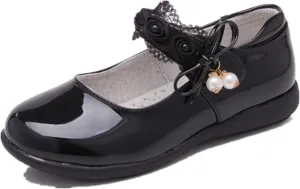 Girl's Casual Mary Jane Ballerina Flats Black School Uniform Oxfords Pearl Strap Dress Shoes