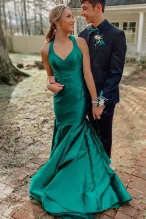 Green Halter V-Neck Mermaid Satin Pleated Long Formal Prom Dress