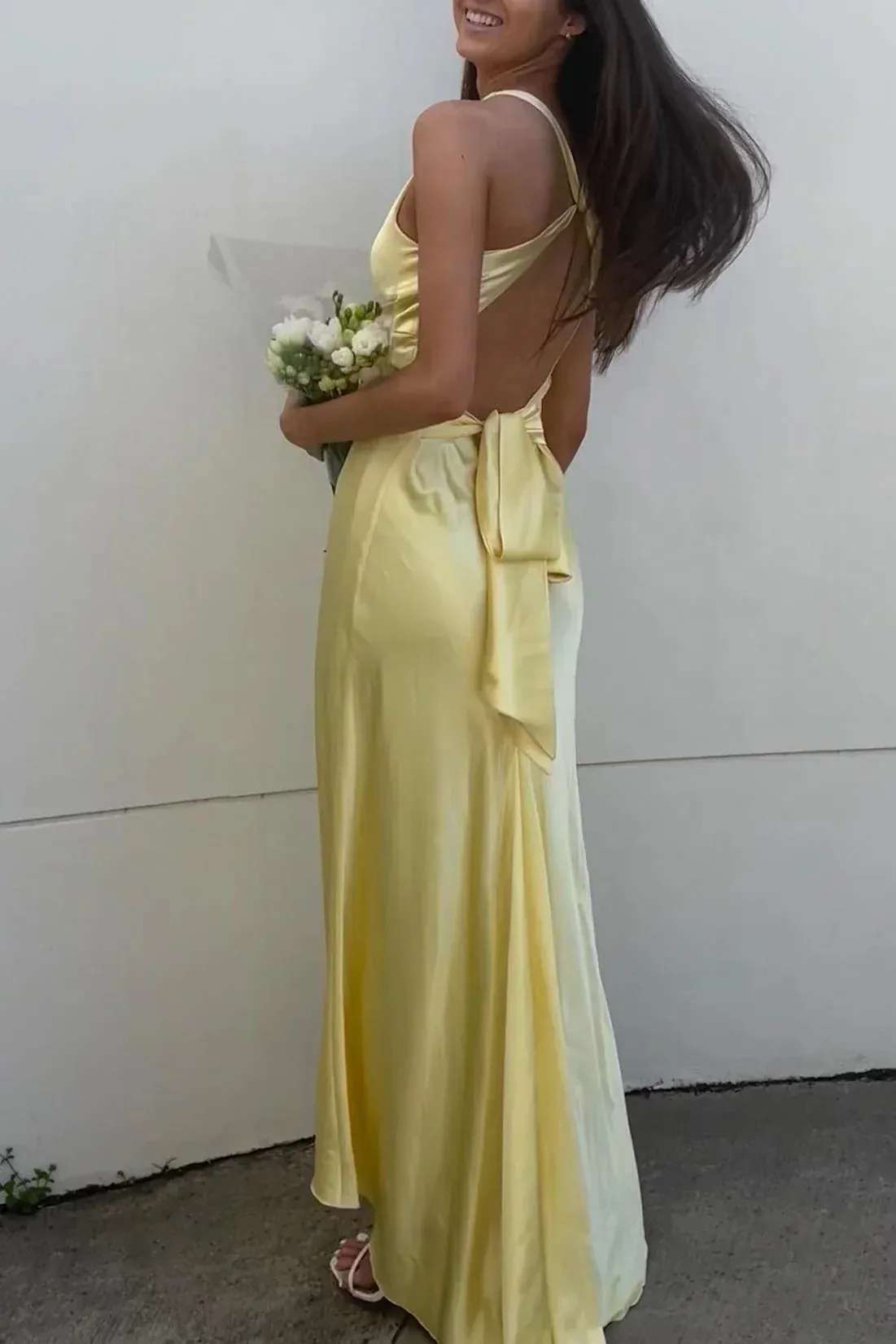 Halter V-Neck Pleated Satin Sleeveless Long Prom Party Dress