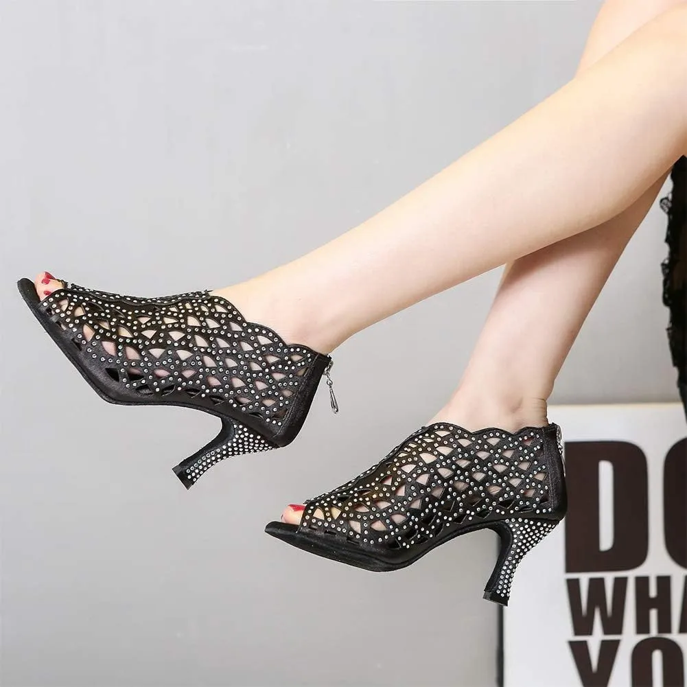 HROYL Latin Ballroom Dance Shoes for Women Latin Salsa Tango Open Toe Ankle Boots,YCL363