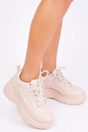 KAYLA CHUNKY TRAINERS IN BEIGE FAUX LEATHER