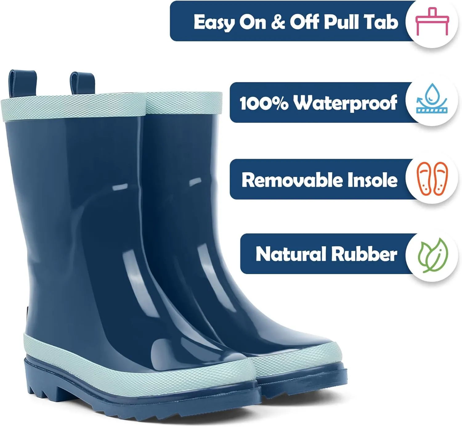 landchief Kids Rain Boots Premium Collection, Waterproof Natural Rubber Boots for Toddlers and Kids
