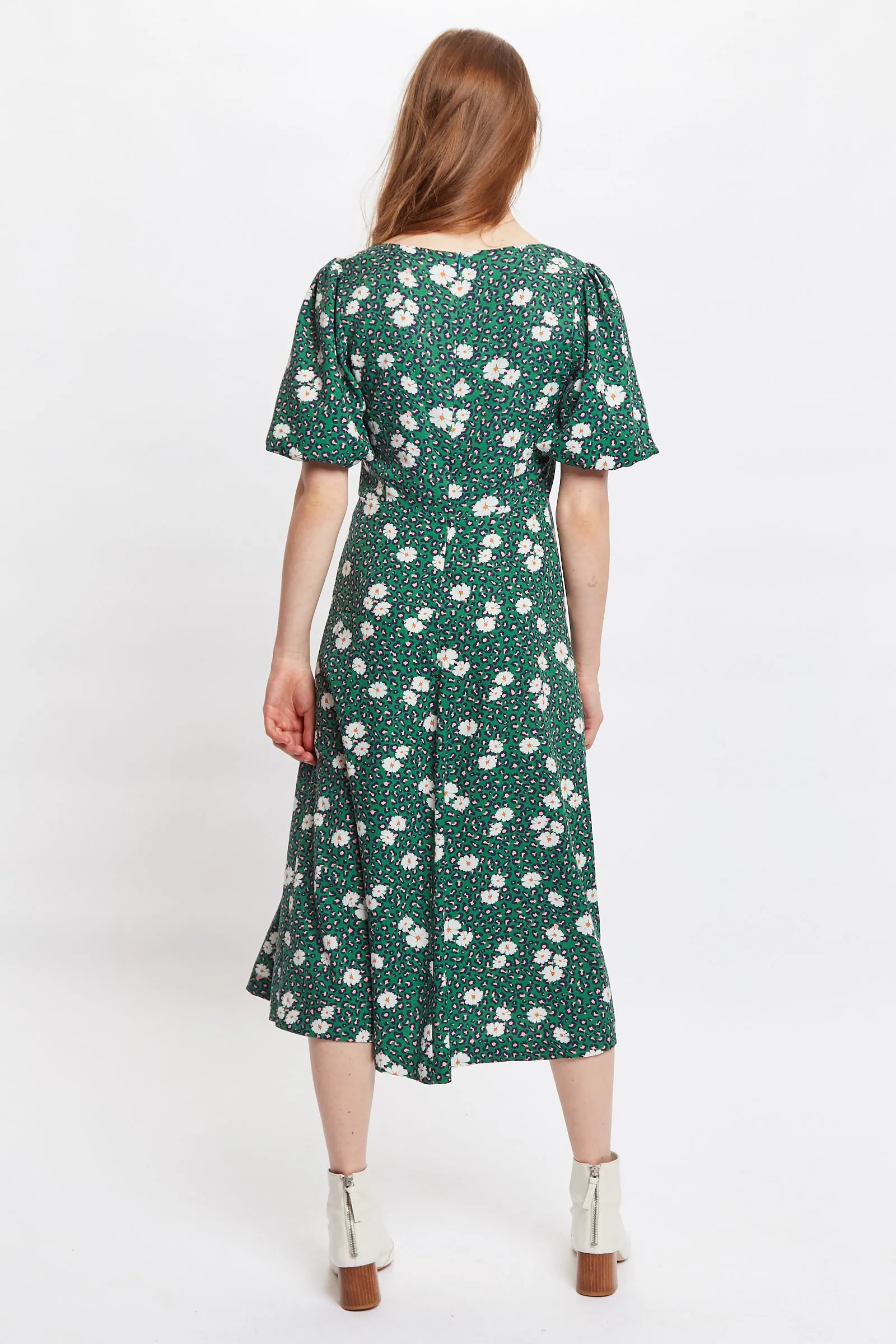 Louche Nadine Roaring Daisy Print Square Neck Balloon Sleeve Midi Dress - Green