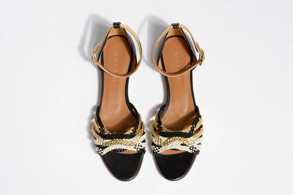 MENPHIS Handbraided Black&Gold Flat Sandals