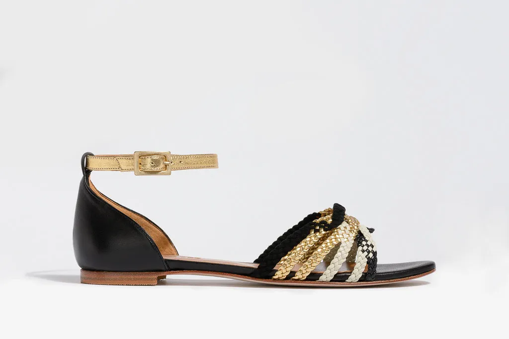 MENPHIS Handbraided Black&Gold Flat Sandals