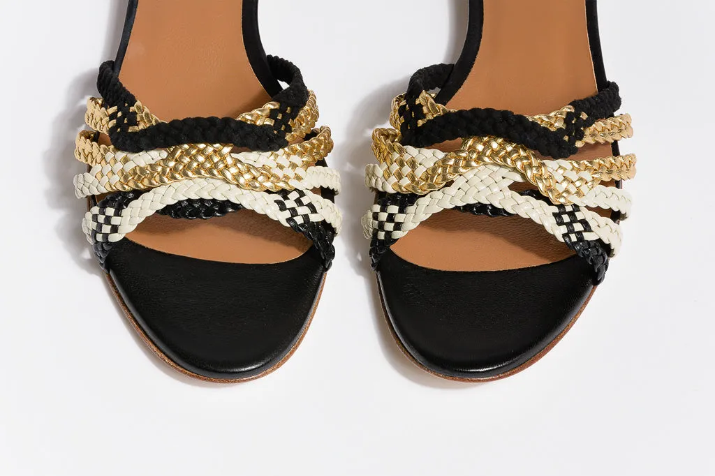 MENPHIS Handbraided Black&Gold Flat Sandals