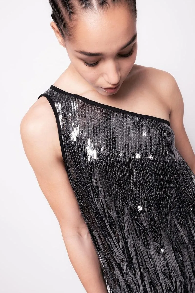 Mini abito paillettes con frange