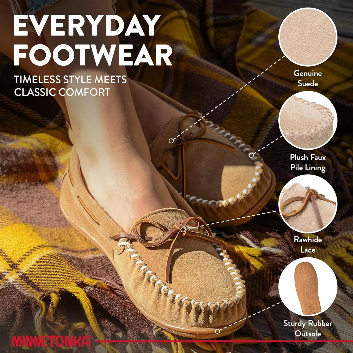 Minnetonka Womens Camp Tie Moc  Cozy, Suede Moccasin Slippers for Women with Plush Pile Lining, Cushioned Footbed, and Durable Sole for Indoor & Outdoor Comfort