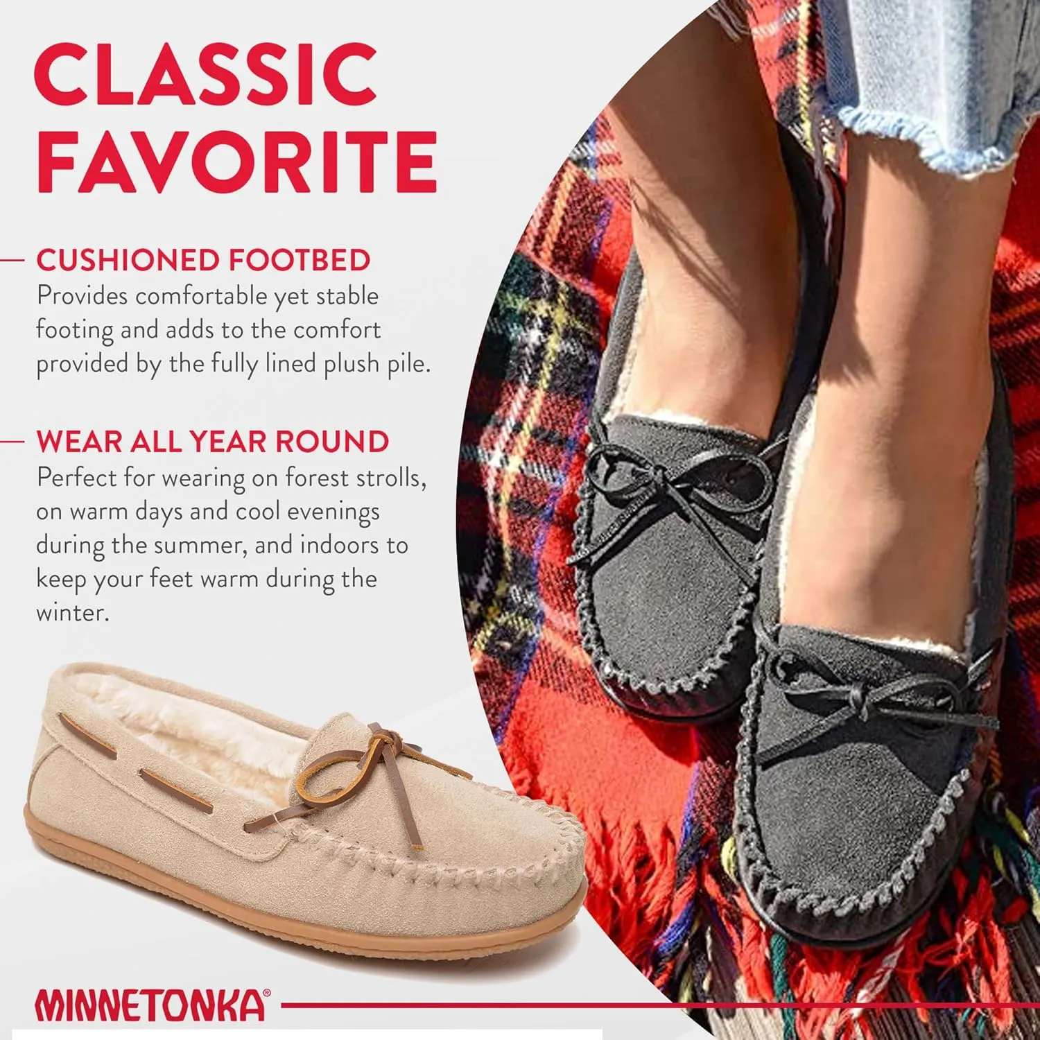 Minnetonka Womens Camp Tie Moc  Cozy, Suede Moccasin Slippers for Women with Plush Pile Lining, Cushioned Footbed, and Durable Sole for Indoor & Outdoor Comfort