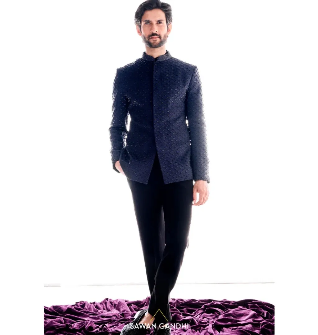Navy Blue Chevron Bandhgala