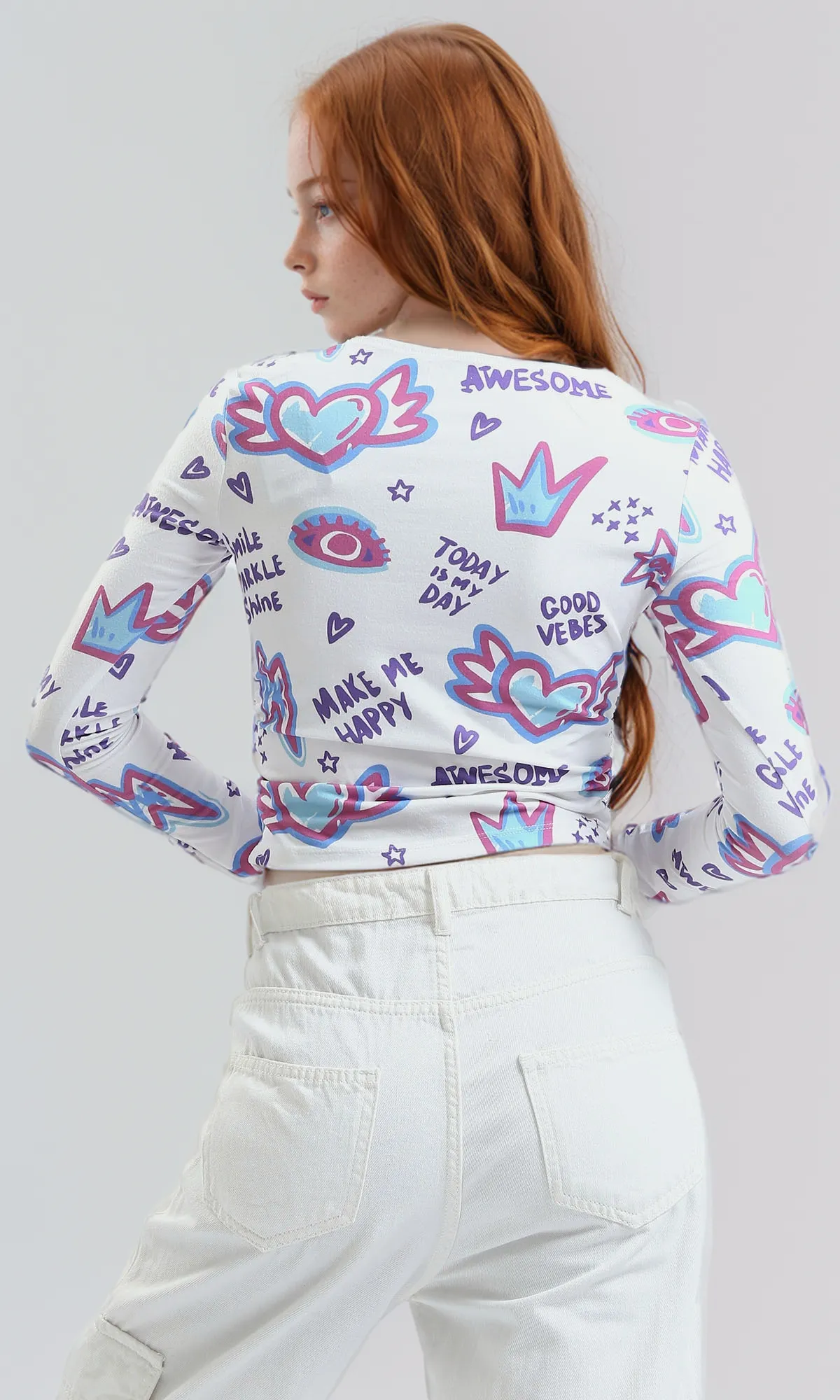 O187834 Crew Neck Top With Elastic Sides - Multicolour