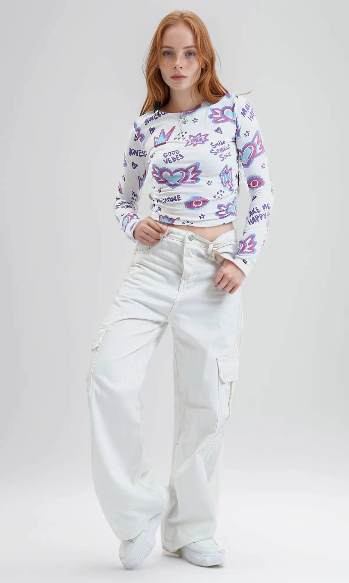 O187834 Crew Neck Top With Elastic Sides - Multicolour