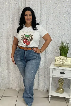 Plus white t-shirt with cherry and animal print