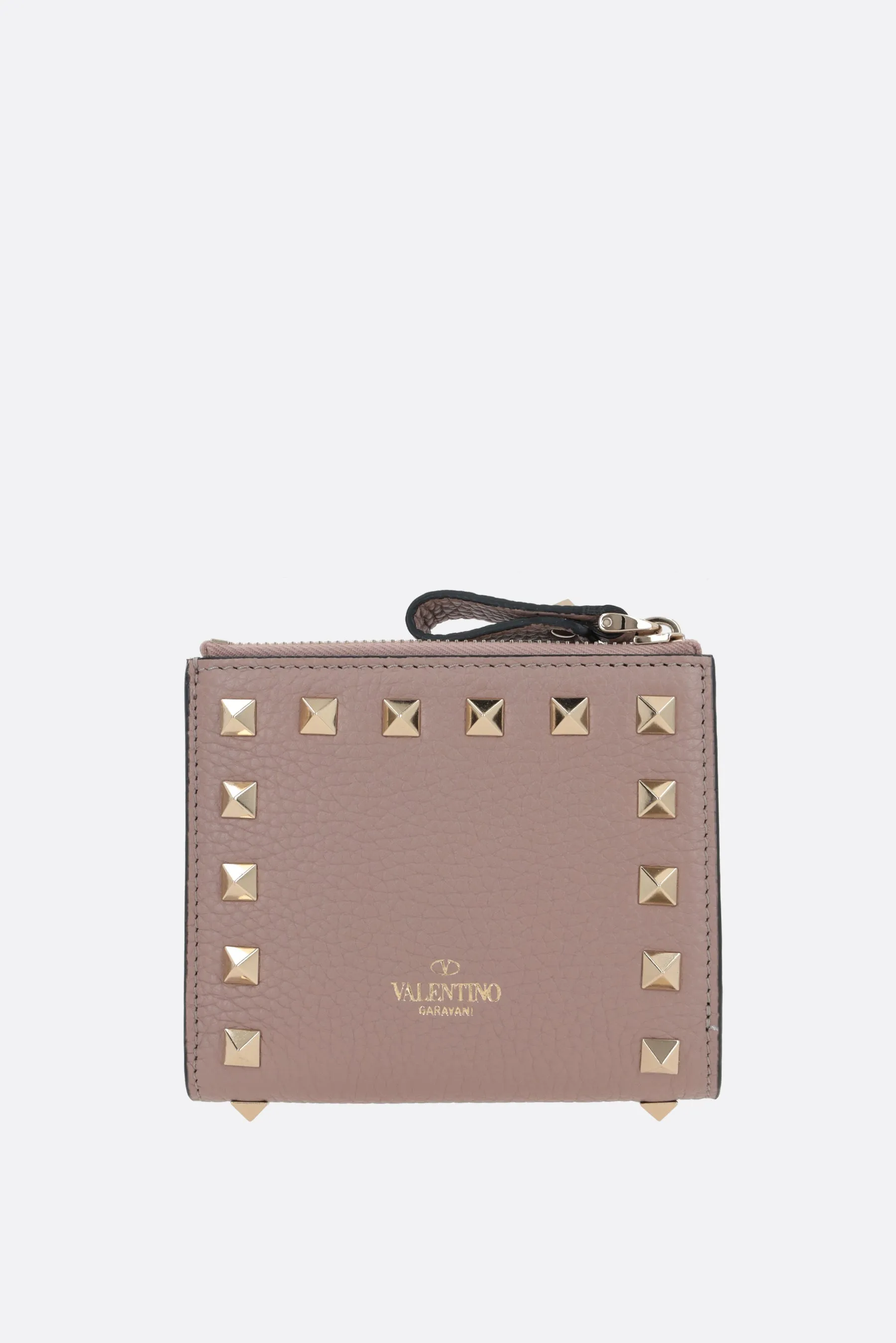Rockstud Grained Leather Compact Wallet