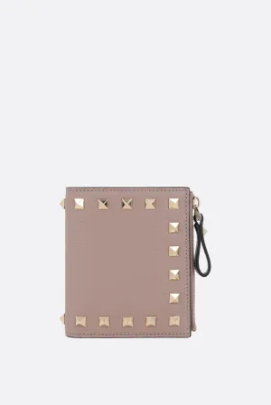 Rockstud Grained Leather Compact Wallet