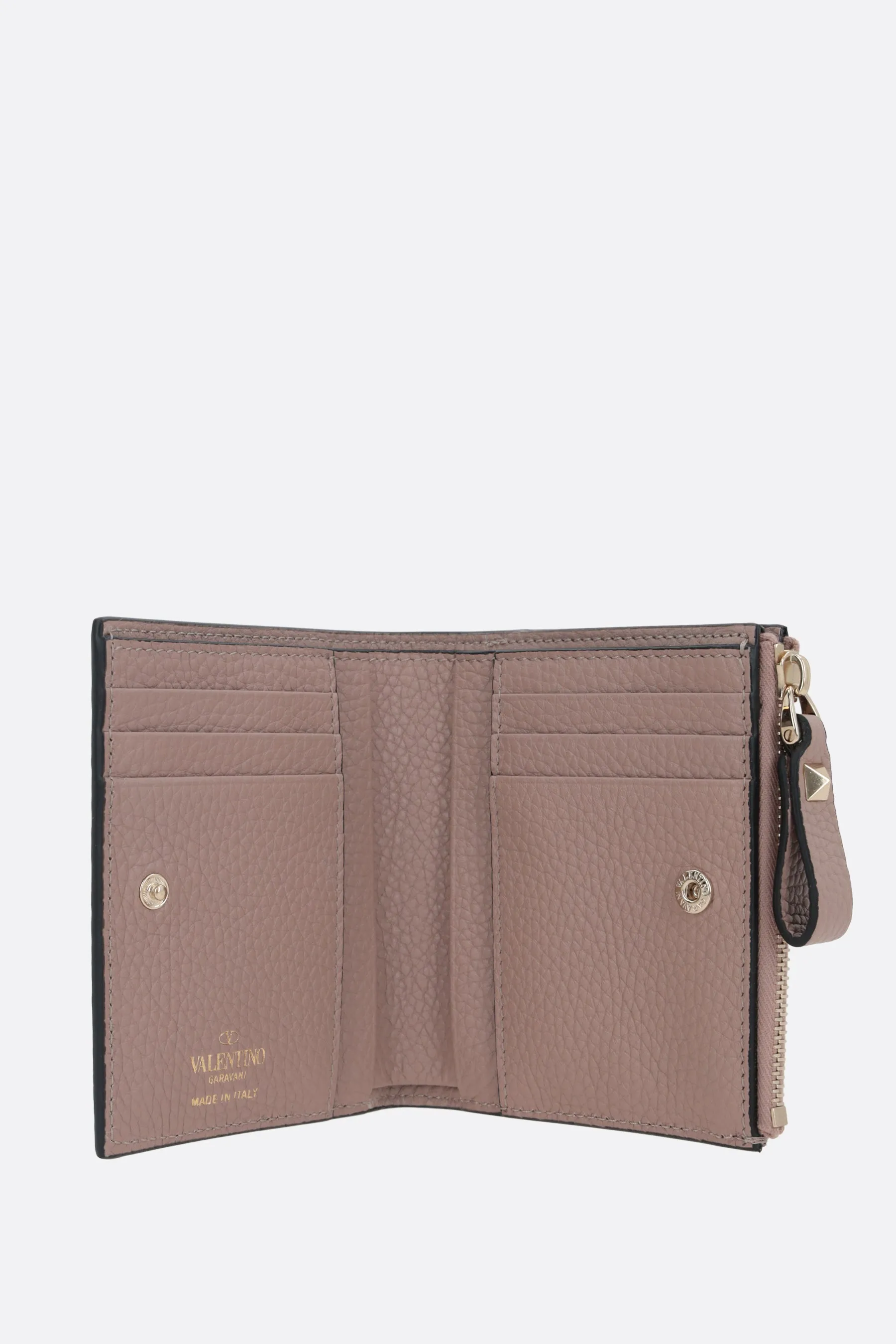 Rockstud Grained Leather Compact Wallet
