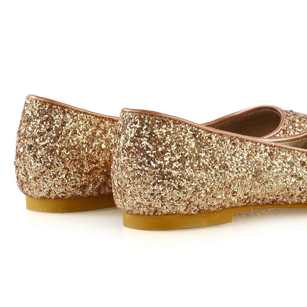 Rosalie Statement Pointed Toe Flat Bridal Ballerina Pump Shoes in Rose Gold Glitter