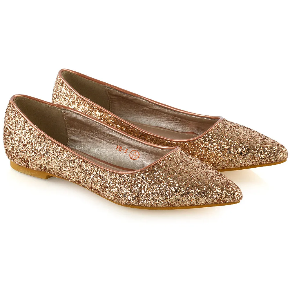 Rosalie Statement Pointed Toe Flat Bridal Ballerina Pump Shoes in Rose Gold Glitter