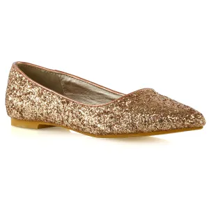Rosalie Statement Pointed Toe Flat Bridal Ballerina Pump Shoes in Rose Gold Glitter