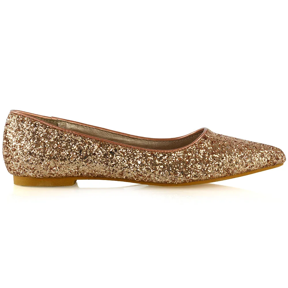 Rosalie Statement Pointed Toe Flat Bridal Ballerina Pump Shoes in Rose Gold Glitter