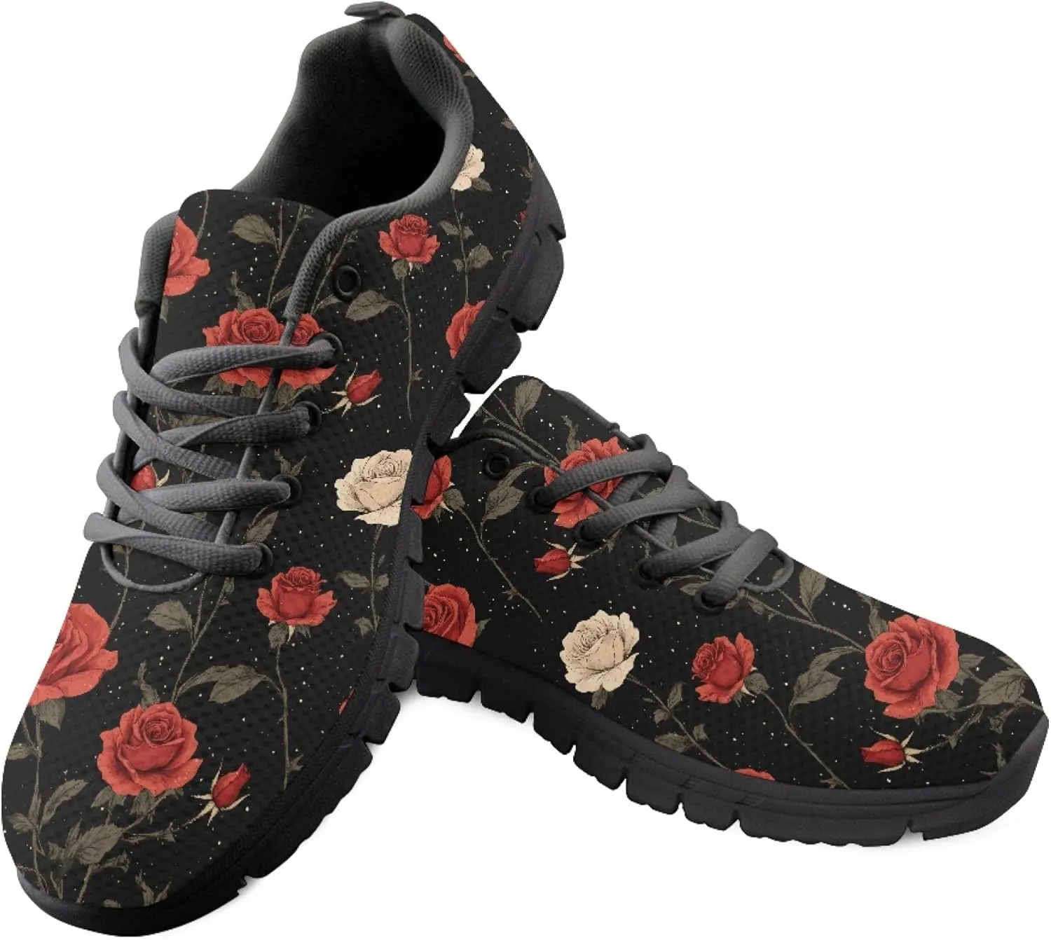 Rose Floral Garden Black Walking Shoes for Women Anti Skid Running Sneaker Lightweight Breathable Adult Trainers Fashion Mesh Sneakers Size US 5.5