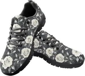 Rose Floral Garden Black Womens Running Sneakers Athletic Sports Shoes Non Slip Tennis Shoes for Adults Girls Size US 5