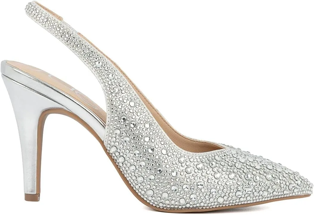 Sugar Womens Rhinestone Slingback Heels  Sparkly Pointed Toe Stiletto Pumps for Wedding, Party, Evening & Formal Dress Shoes