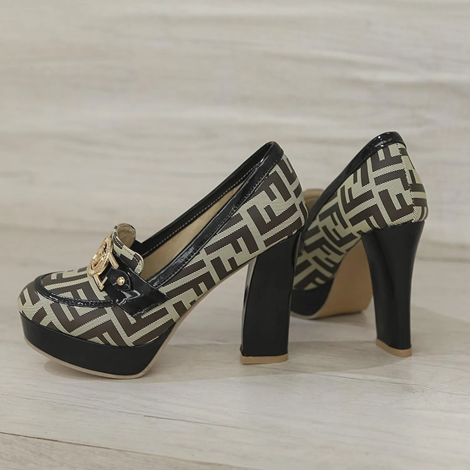 TNXZ Women Chunky Block High Heel Pumps Round Toe, Slip On Dress Loafers Leather Patchwork for Ladies Girls Office