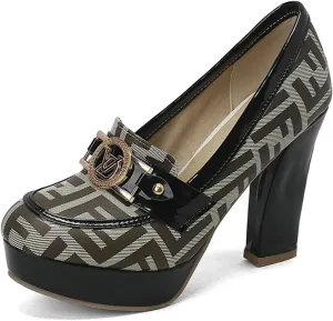 TNXZ Women Chunky Block High Heel Pumps Round Toe, Slip On Dress Loafers Leather Patchwork for Ladies Girls Office