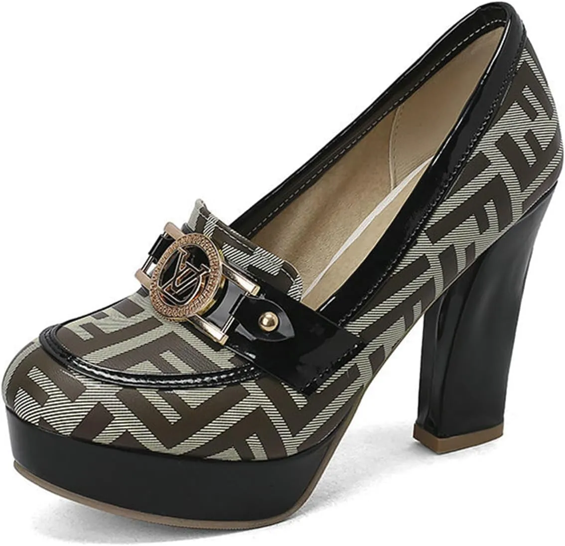 TNXZ Women Chunky Block High Heel Pumps Round Toe, Slip On Dress Loafers Leather Patchwork for Ladies Girls Office