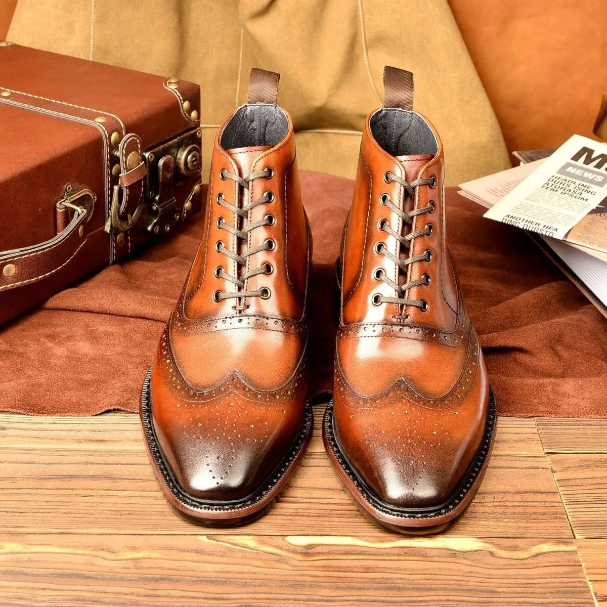 Vintage polished engraved Martin boots men's genuine leather boots